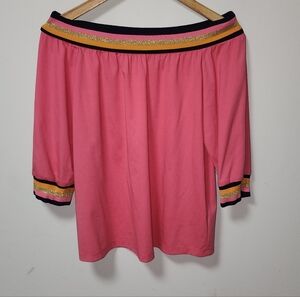 NWT Trina Turk Pink Off-Shoulder Top Shirt Gold Blue Orange Stripes 3/4 Sleeve M